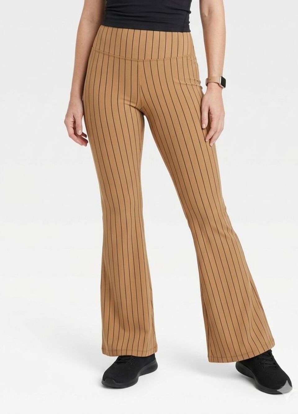 JoyLab Pinstripe High Rise Flare Leggings Brown Camel Large EUC Yoga Pants